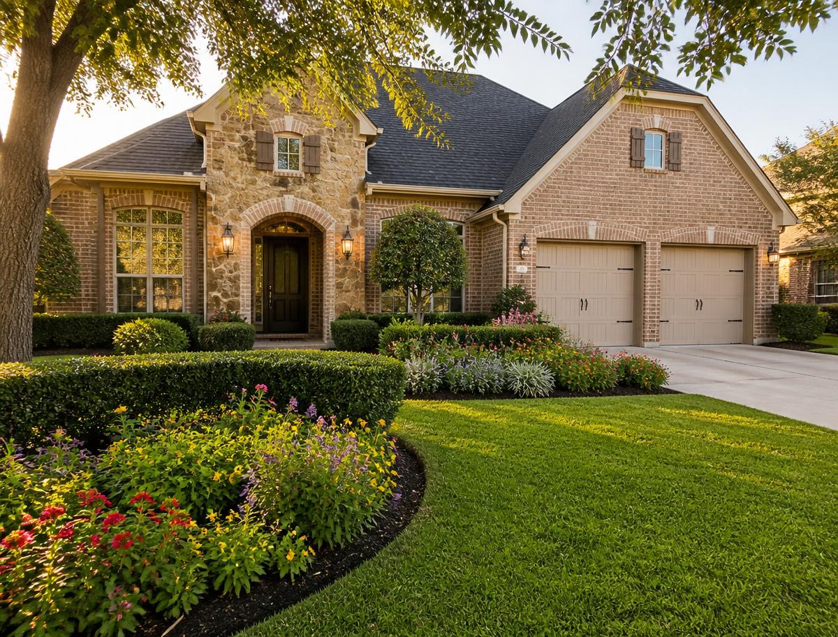 Beautifully landscaped home in Katy, Texas with a lush lawn and colorful flower beds