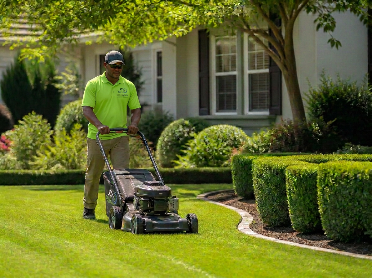 Bonabona team member mowing a healthy green residential lawn in Katy, Texas